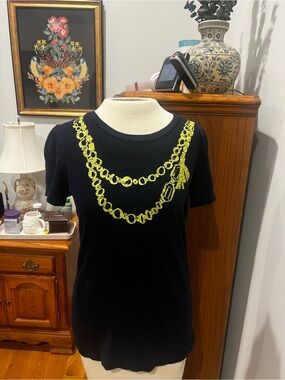 J. Crew Black Short Sleeve Tee with Neon Yellow Chain Print